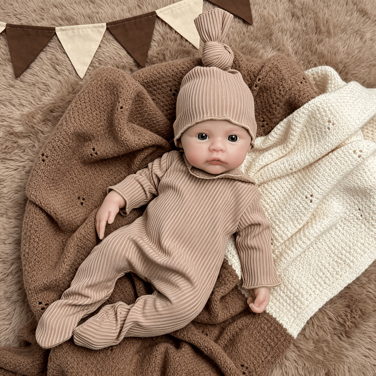 Bébé reborn fille de 30 cm en silicone vêtue d'une combinaison marron