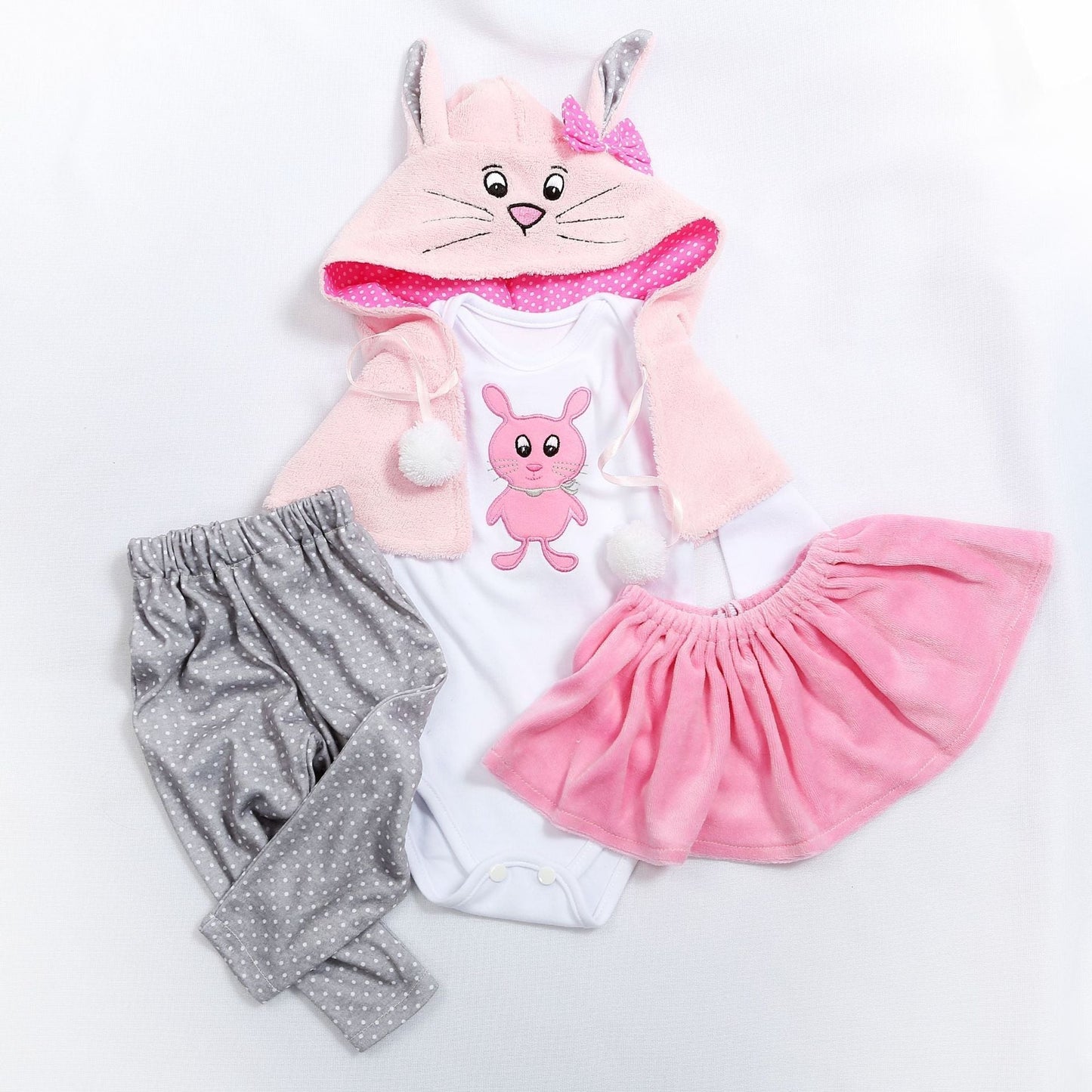 Ensemble de vêtements quatre pièces lapin rose pour poupées de 45 à 60 cm