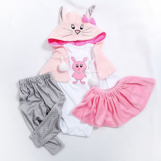 Ensemble de vêtements quatre pièces lapin rose pour poupées de 45 à 60 cm