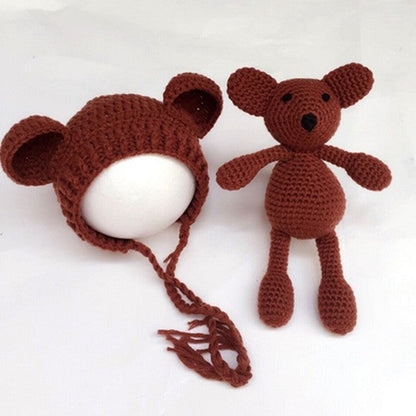 Ensemble 2 pièces bonnet et jouet ours mignon à tricoter pour bébé