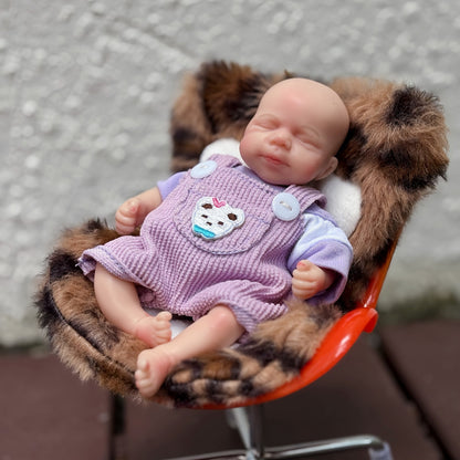 6 Inch Closed Eyes Mini Silicone Reborn Doll Girl Pascale In Purple Bear Outfits