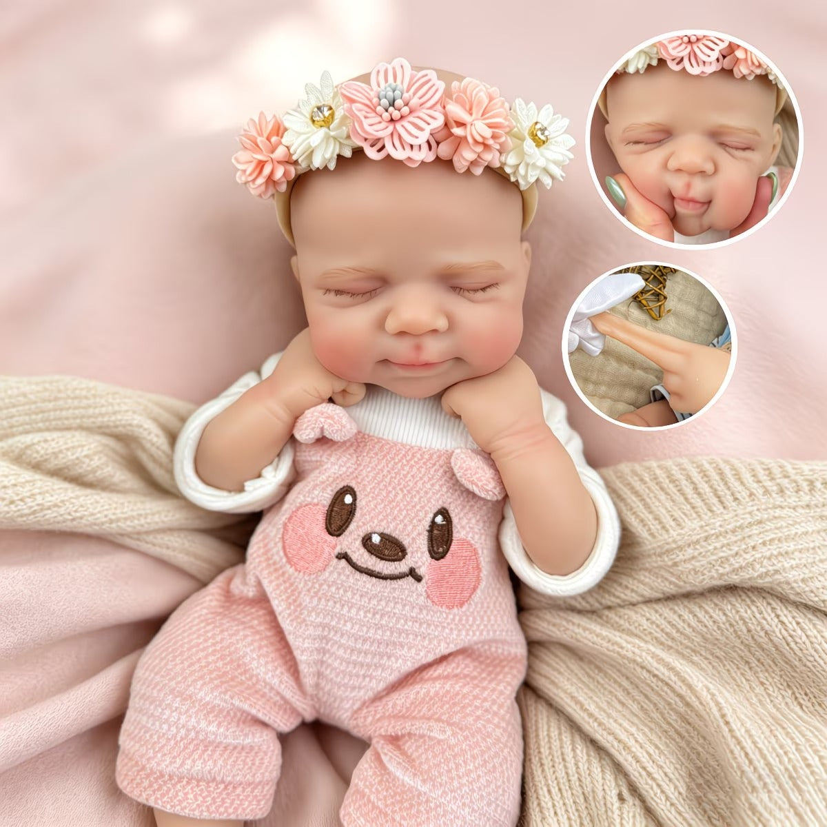 Poupée reborn Pascale de 30 cm entièrement en silicone endormie vêtue d'une tenue d'ours rose