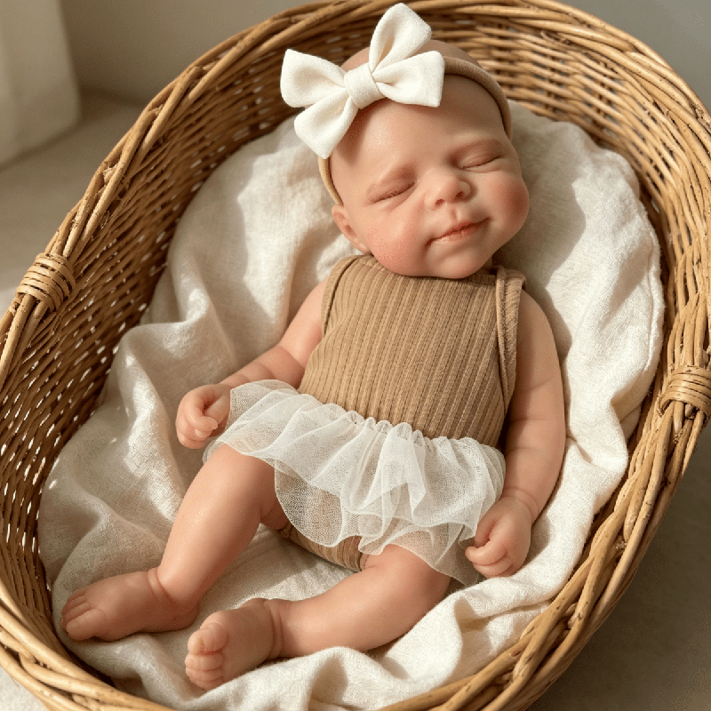 Poupée reborn Pascale en silicone de 30 cm endormie vêtue d'une robe marron