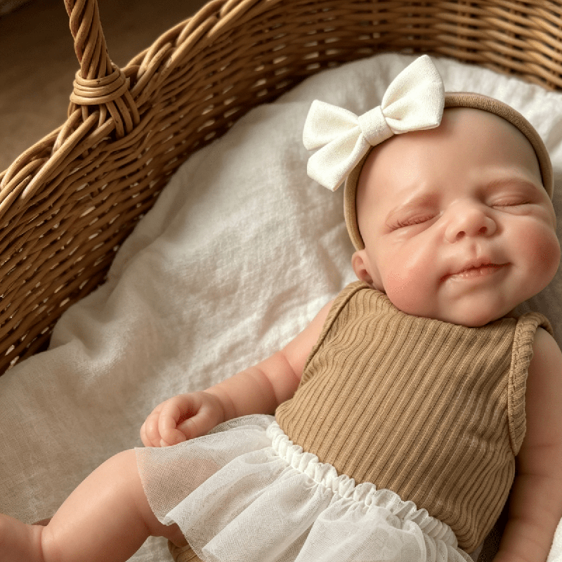 Poupée reborn Pascale en silicone de 30 cm endormie vêtue d'une robe marron