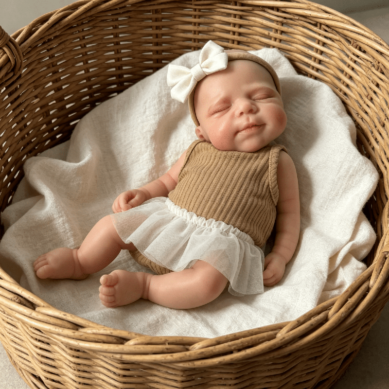 Poupée reborn Pascale en silicone de 30 cm endormie vêtue d'une robe marron