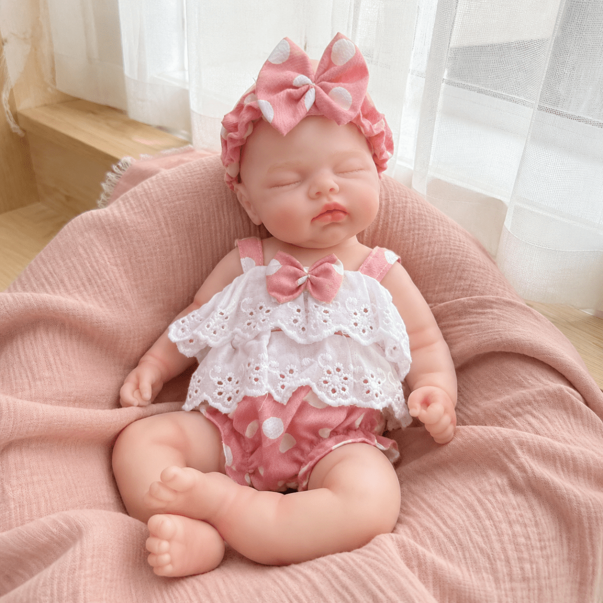 30cm Lifelike Soft Silicone Asleep Pickle Reborn Doll Girl In Pink Polk Dot Clothes