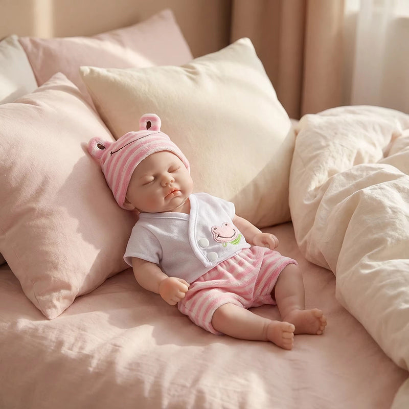 30cm Full Silicone Closed Eyes Reborn Doll Girl Pickle in Pink Frog Outfits