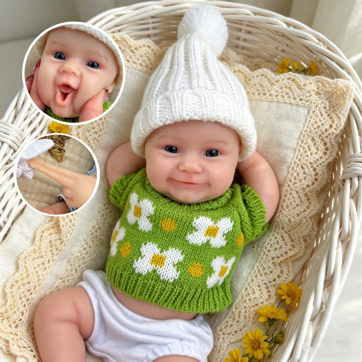Bébé reborn Maddie Smile de 30 cm en silicone intégral vêtu de tenues vertes