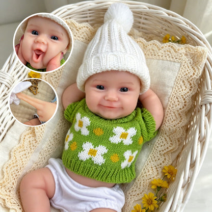 Bébé reborn Maddie Smile de 30 cm en silicone intégral vêtu de tenues vertes