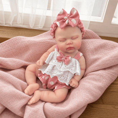 30cm Lifelike Soft Silicone Asleep Pickle Reborn Doll Girl In Pink Polk Dot Clothes