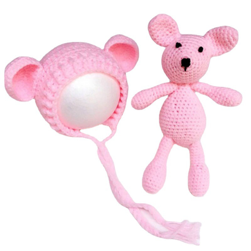 Ensemble 2 pièces bonnet et jouet ours mignon à tricoter pour bébé