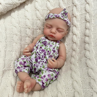30cm Full Silicone Irys Reborn Doll Girl in Purple Floral Rompers
