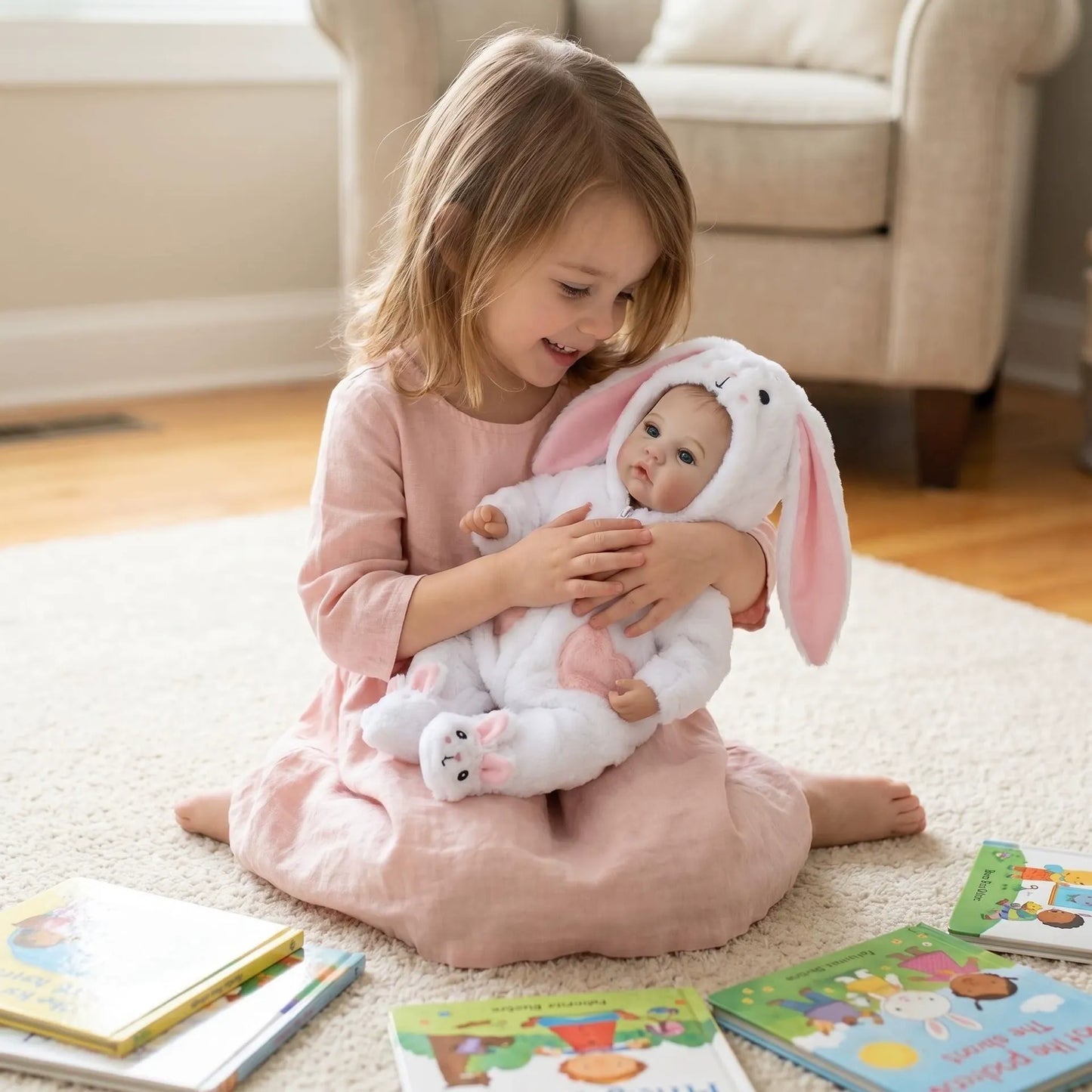 Bébé reborn fille de 45cm aux yeux bleus vêtue d'une tenue de lapin blanc - Prairie