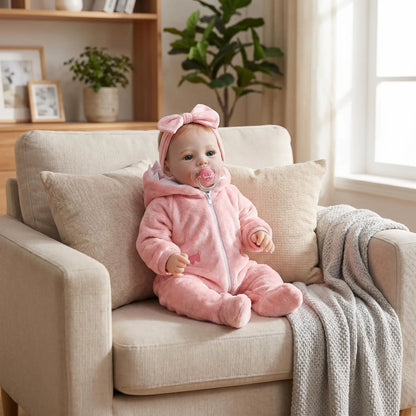 Bébé reborn fille de 45cm aux yeux bleus vêtue de tenues roses en peluche - Prairie