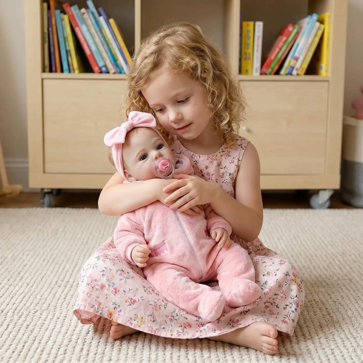 Bébé reborn fille de 45cm aux yeux bleus vêtue de tenues roses en peluche - Prairie
