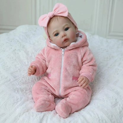 Bébé reborn fille de 45cm aux yeux bleus vêtue de tenues roses en peluche - Prairie