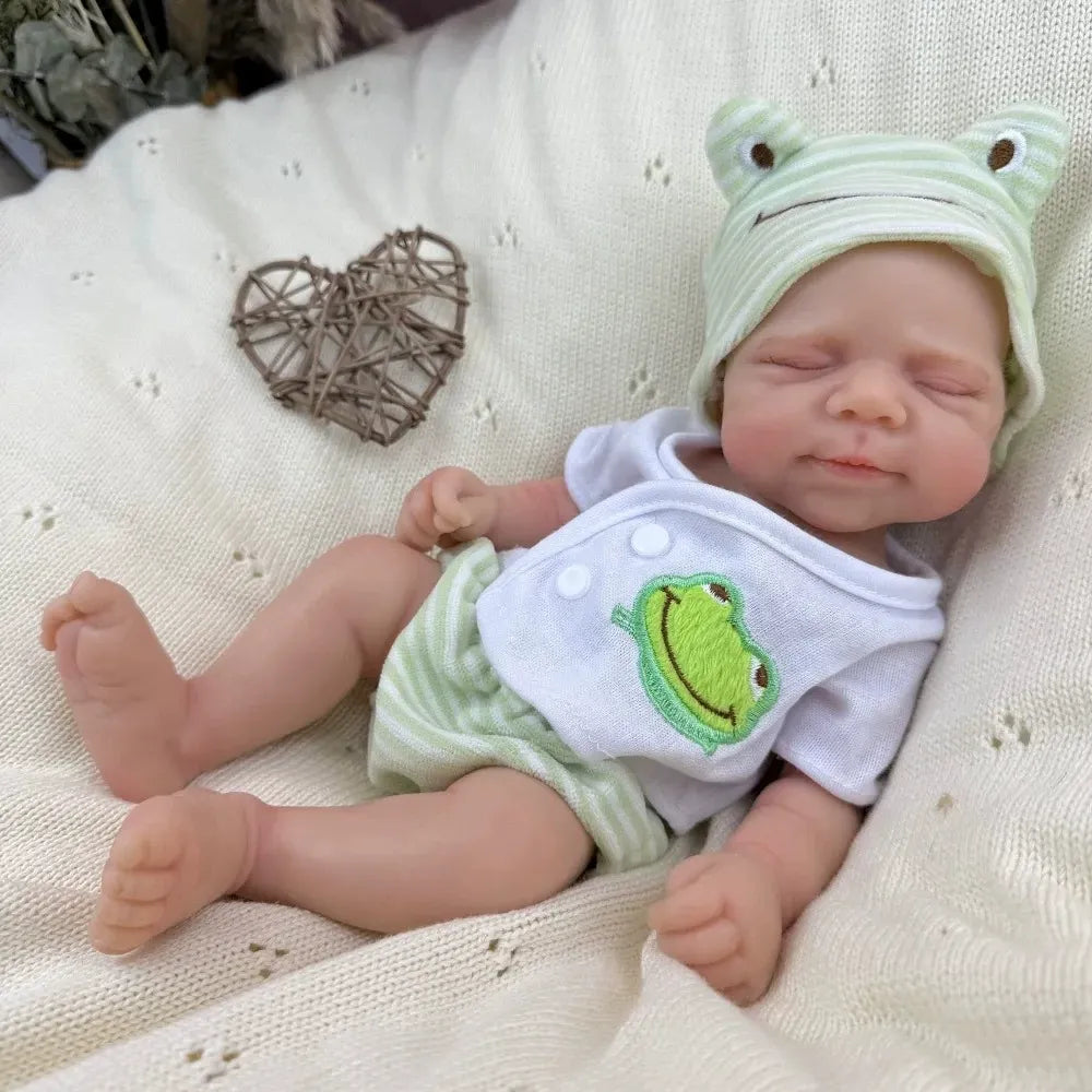 30cm Full Silicone Closed Eyes Pascale Reborn Doll Girl In Green Frog Clothes