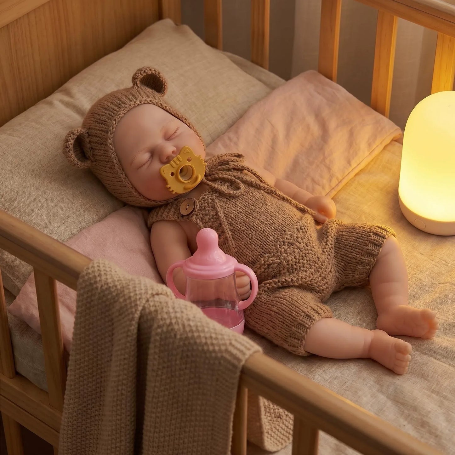 Poupée reborn Pickle de 30cm entièrement en silicone yeux fermés vêtue de tenues marron