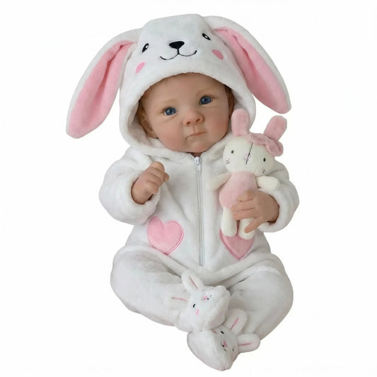 Bébé reborn Bettie 45cm yeux bleus vêtue d'une tenue de lapin blanc - Bettie