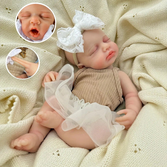 Poupée reborn Loulou de 30 cm réaliste entièrement en silicone yeux fermés en robe café