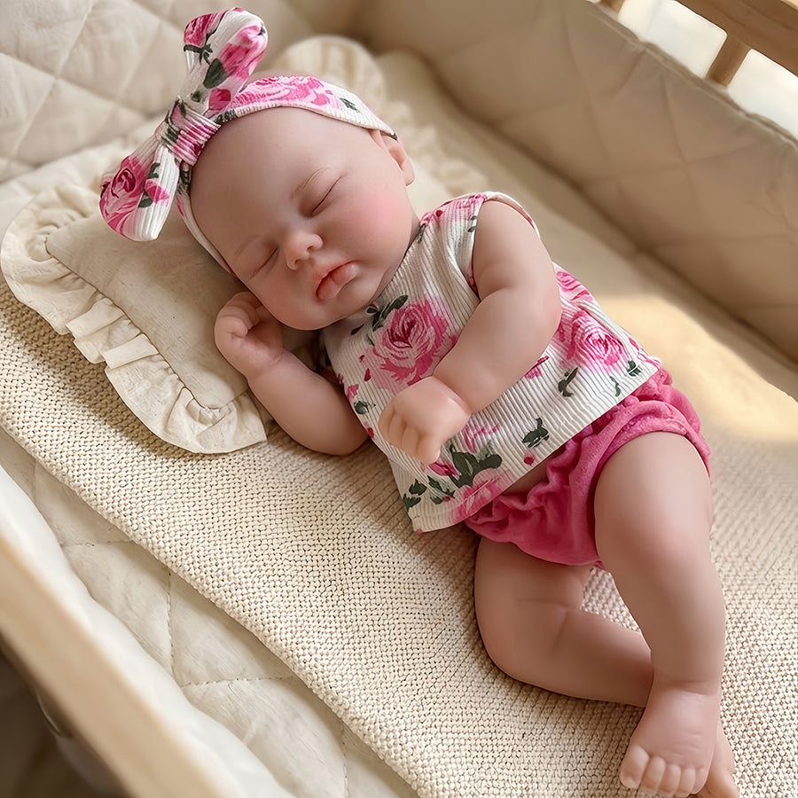 30cm Full Silicone Closed Eyes Pickle Reborn Doll Girls In Floral Outfits