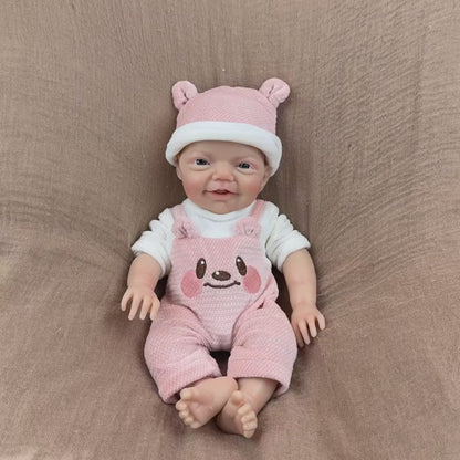 30cm Lifelike Smile Full Silicone Blue Eyes Charlie Reborn Girl in Pink Bear Clothes